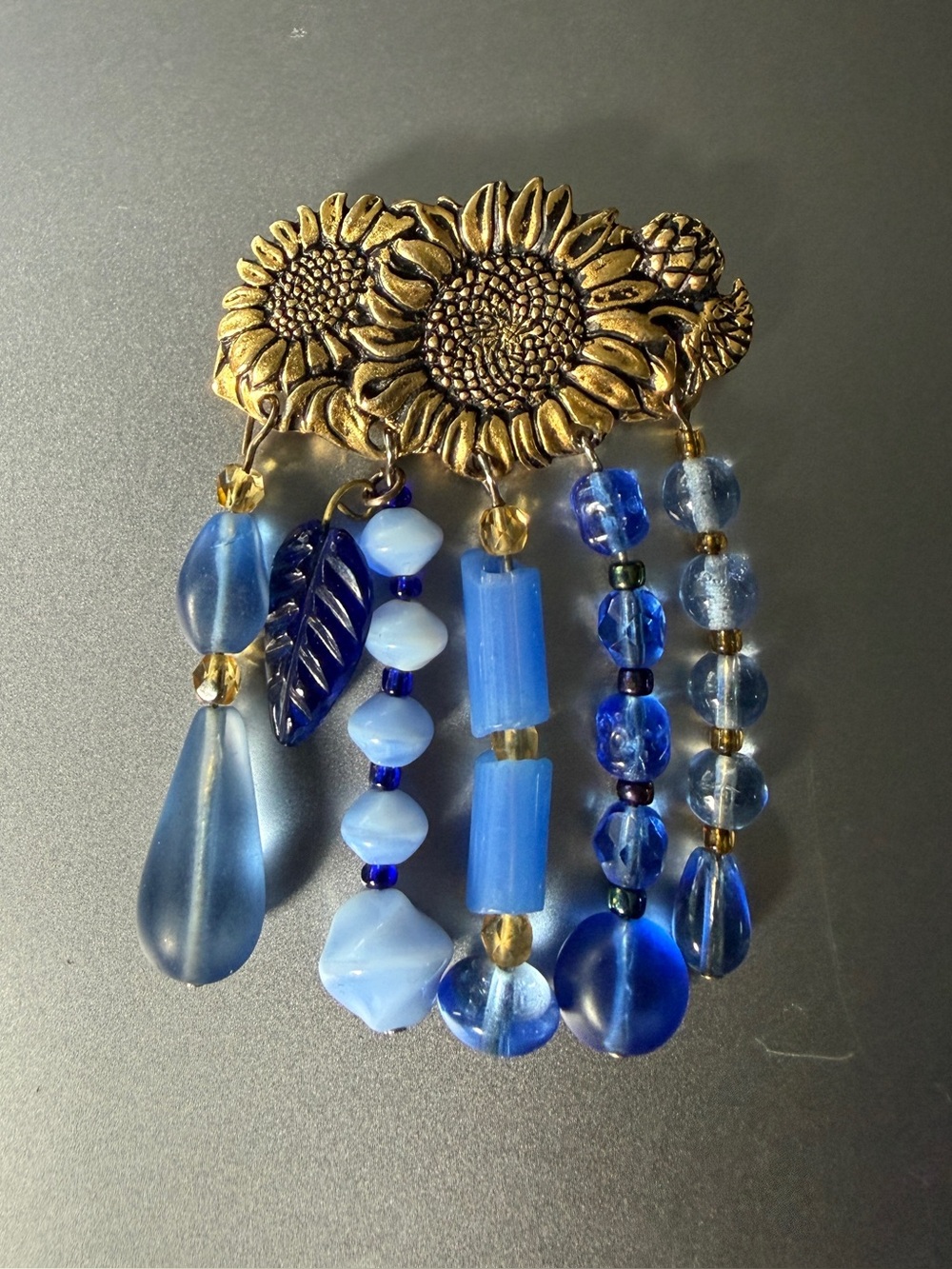 Vintage Brass Gold Sunflower Brooch Blue Glass Beaded Tassel Fringe Pin
